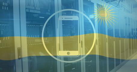 Image of cellphone in circle and rwanda flag over server room