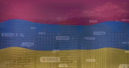 Image of notification bars with numbers, flag of armenia over modern buildings