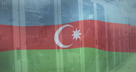 Image of flag of azerbaijan over globe and computer language against server room
