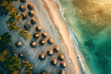 Aerial view of umbrellas, palms on the sandy beach of Indian Ocean at sunset. Top view.