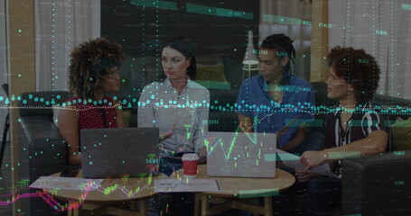 Image of financial data processing over team of diverse colleagues discussing together at office