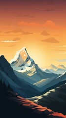 A peak mountain with snow and sunset sky. Sunset over mountains. Vertical orientation - obrazy, fototapety, plakaty