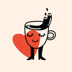 Retro doodle funny character poster. Vintage drink vector illustration. Latte, cappuccino, coffee cup mascot. Nostalgia 60, 70s, 80s. Print for cafe