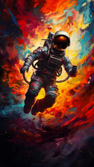 An astronaut floating in a vivid fiery cosmic nebula. Futuristic digital art concept