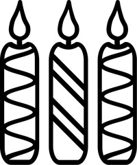 Burning decorative candles, birthday party symbol. Outline of festive burning decorative candles for design of children entertainment center. Simple linear icon isolated on white background
