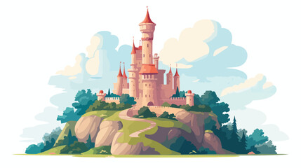 A whimsical fairytale castle perched on a hilltop flat - obrazy, fototapety, plakaty