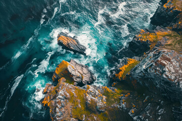 Epic Irish Seascape along the wild Atlantic way.The natural beauty of the cliff edge. , Top view. - obrazy, fototapety, plakaty