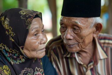 Fototapeta premium An elderly Malay couple looking at each other