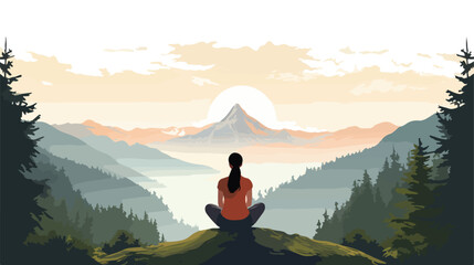 A woman performs yoga in the mountains as viewed from - obrazy, fototapety, plakaty