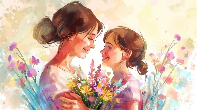 Portrait of happy mother and daughter holding flowers . Happy Mother's day Image.
