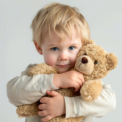 child with a soft toy in his hands on a white background