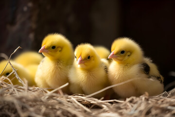 Small group of newly hatched yellow chicks on the farm. The beginning of a life.