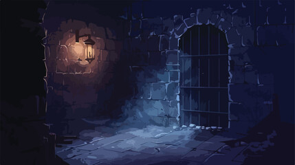 Abandoned castle dungeon room with light on wall. Dark