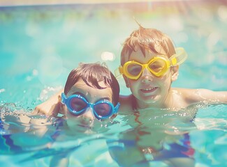 Obraz na płótnie Canvas photo of three happy kids in a colorful inflatable swimming ring, wearing diving goggles and floating on the water at a summer pool party, looking into the camera, close up portrait shot