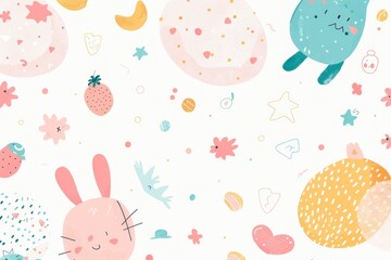 Cute bunny sitting with Easter eggs on a pink background. Playful and festive Easter illustration