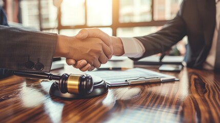Justice and Law concept. Closeup of a male lawyer working in office shaking hand with a man client. - obrazy, fototapety, plakaty