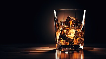 Luxury glass cup with golden light on dark background.