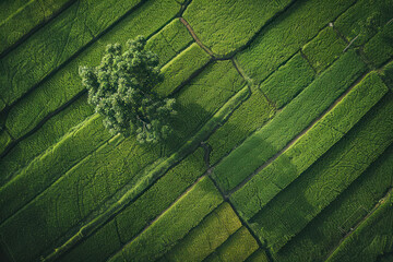 Top view from drone of the beautiful paddy fields with velvet green young sprouts fields.
