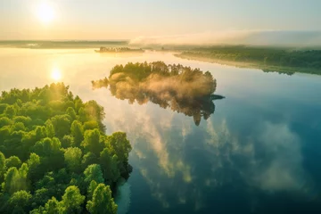 Foto auf Acrylglas View from flying drone. Astonishing morning scene of lake. , Top view. © Hunman