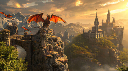 Naklejka premium 3D Created and Rendered fantasy Landscape with Dragons