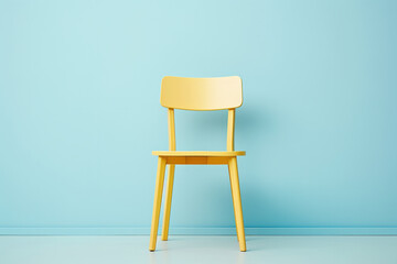 A yellow chair stands out against a pastel blue wall in empty room. Modern interior design