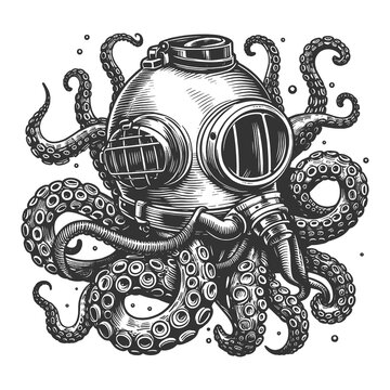 Octopus in diving helmet mechanical and the organic, steampunk diving helmet sketch engraving generative ai raster illustration. Scratch board imitation. Black and white image.