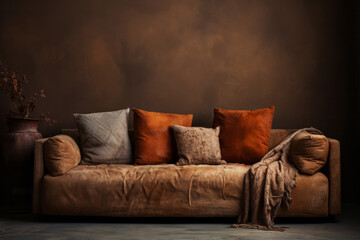 A brown couch covered with multiple pillows in a cozy living room with empty wall. Modern interior design