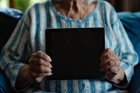 Digital Mockup Over A Shoulder Of A Senior Citizen Woman Holding A Tablet With An Entirely Black Screen