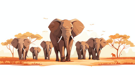A group of elephants walking through a savanna flat vector