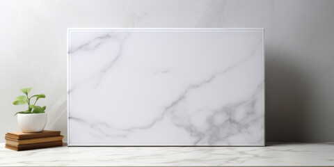 White empty marble board on light wall background. Mockup. Space for your design. White marble product stand. Copy space.