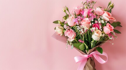 Present Ideas for celebrating Happy Womens day, with a Flower Bouquet in solid Background 