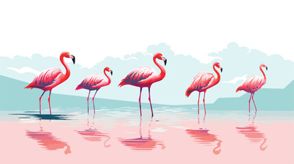 A group of flamingos wading in shallow water flat vector - obrazy, fototapety, plakaty