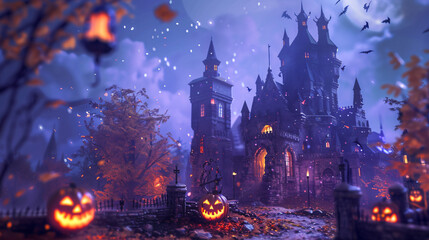 Fototapeta na wymiar 3D rendering of a haunted fantasy castle in spooky Halloween 