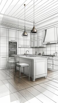 A Vertical Mobile Wallpaper Background With A Drawing Of A Modern Kitchen And Sleek White Cabinets.
