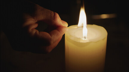 Close-up of a man's hands lighting a candle with a match in the dark, it burning Lighting a candle with match over darkness home.
