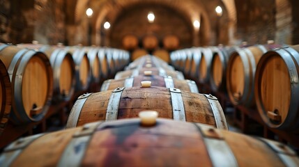 Aisle of Aged Barrels in Timeless Wine Cellar. Concept Wine Tasting, Aged Barrels, Cellar Tour, Wine Production, Winery Atmosphere - obrazy, fototapety, plakaty