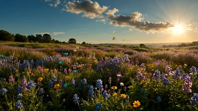 Beautiful natural scenery, fields of flowers and dancing butterflies, blue sky and sun, summer time Seamless looping 4k time-lapse animation video background