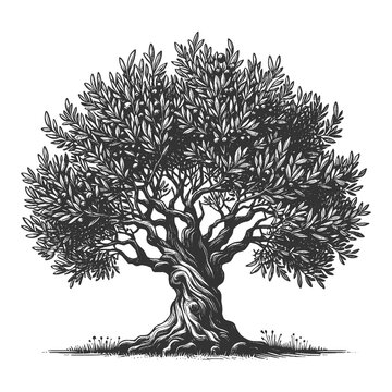 olive tree full of ripe olives, set in a serene landscape with intricate root system and foliage sketch engraving generative ai raster illustration. Scratch board imitation. Black and white image.