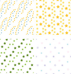 Collection with seamless patterns with charming stars on white background. Vector image.