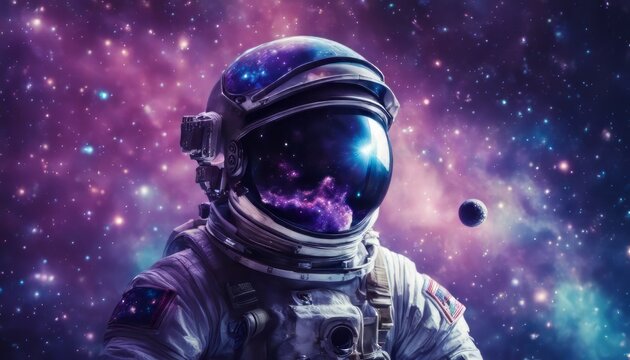 Astronaut in space with stars, a galaxy, a purple and blue nebula, and galaxies reflected in his helmet