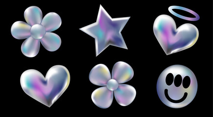 3d holographic retro 90 stickers set. Chrome Hearts, Stars, Daisy Flowers, Smile in Y2K style isolated on black. Future galaxy aesthetic, 3D chrome bubble art. Metal glossy sticker set.