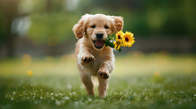 Cute Golden Retriever puppy running with sunflower bouquet