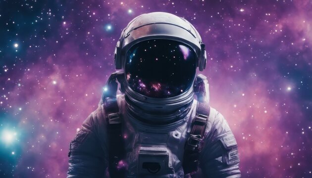 Astronaut in space with stars, a galaxy, a purple and blue nebula, and galaxies reflected in his helmet - Powered by Adobe