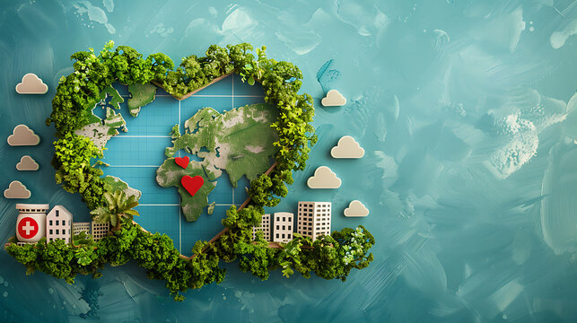 Conceptual image of green city with heart shape and world map