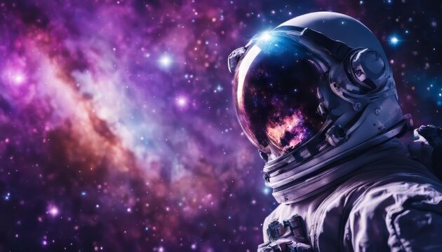 Astronaut in space with stars, a galaxy, a purple and blue nebula, and galaxies reflected in his helmet
