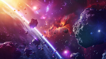 A beautiful flight in a colorful space with asteroids