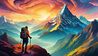 Fototapeta premium Illustration of people activity, mountain hiking, adventure, vibrant colorful, abstract 