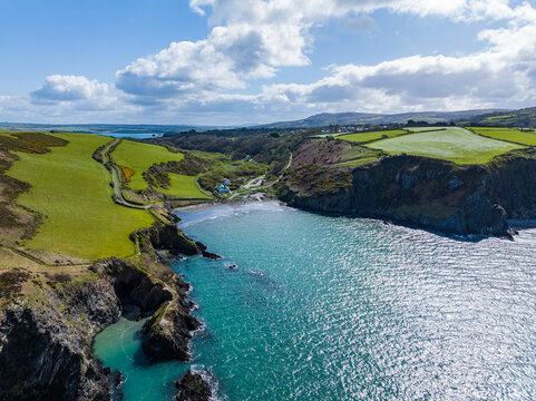 Aerial view of Pwllgwaelod Beach and surrounding cliffs, near Fishguard, West Wales.