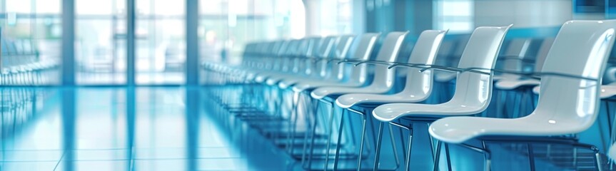Fototapeta premium Blurred Modern Interior of a Hospital Lobby: Chair and Panoramic Window. Blurry Background of an Office Space with a Light Blue Color Palette.