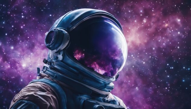 Astronaut in space with stars, a galaxy, a purple and blue nebula, and galaxies reflected in his helmet